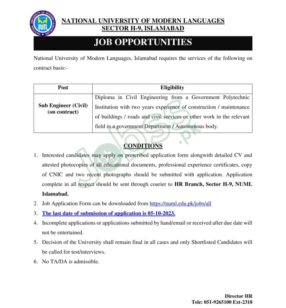 National University of Modern Languages (NUML) Govt Jobs 2023